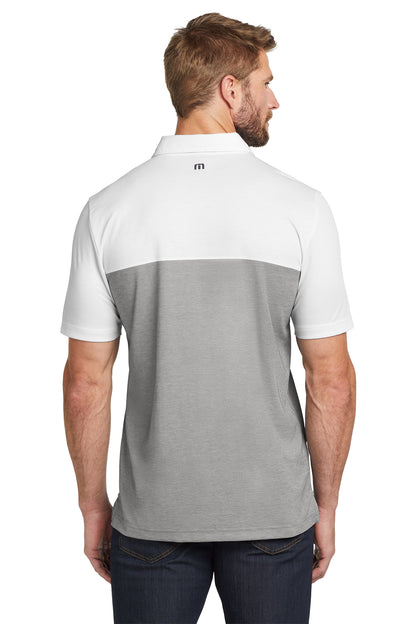 TravisMathew Oceanside Blocked Polo in White/ Quiet Shade Grey Heather, back on model