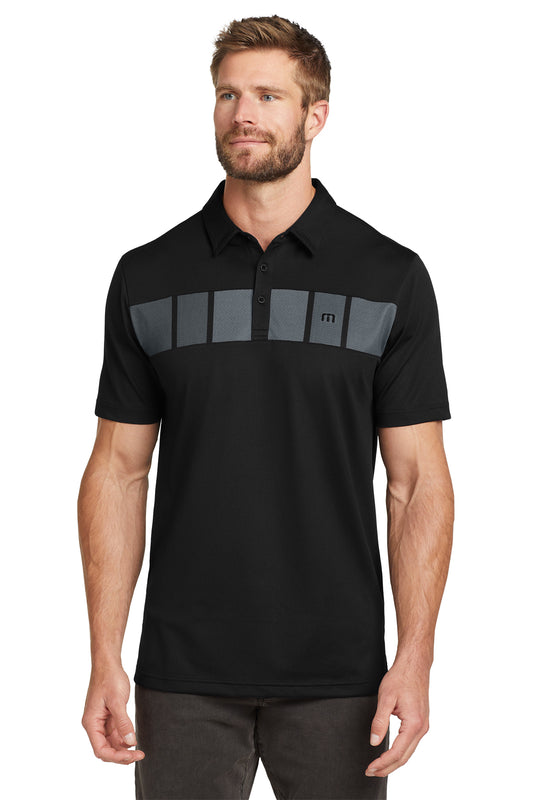 TravisMathew Cabana Chest Stripe Polo in Black, front on model