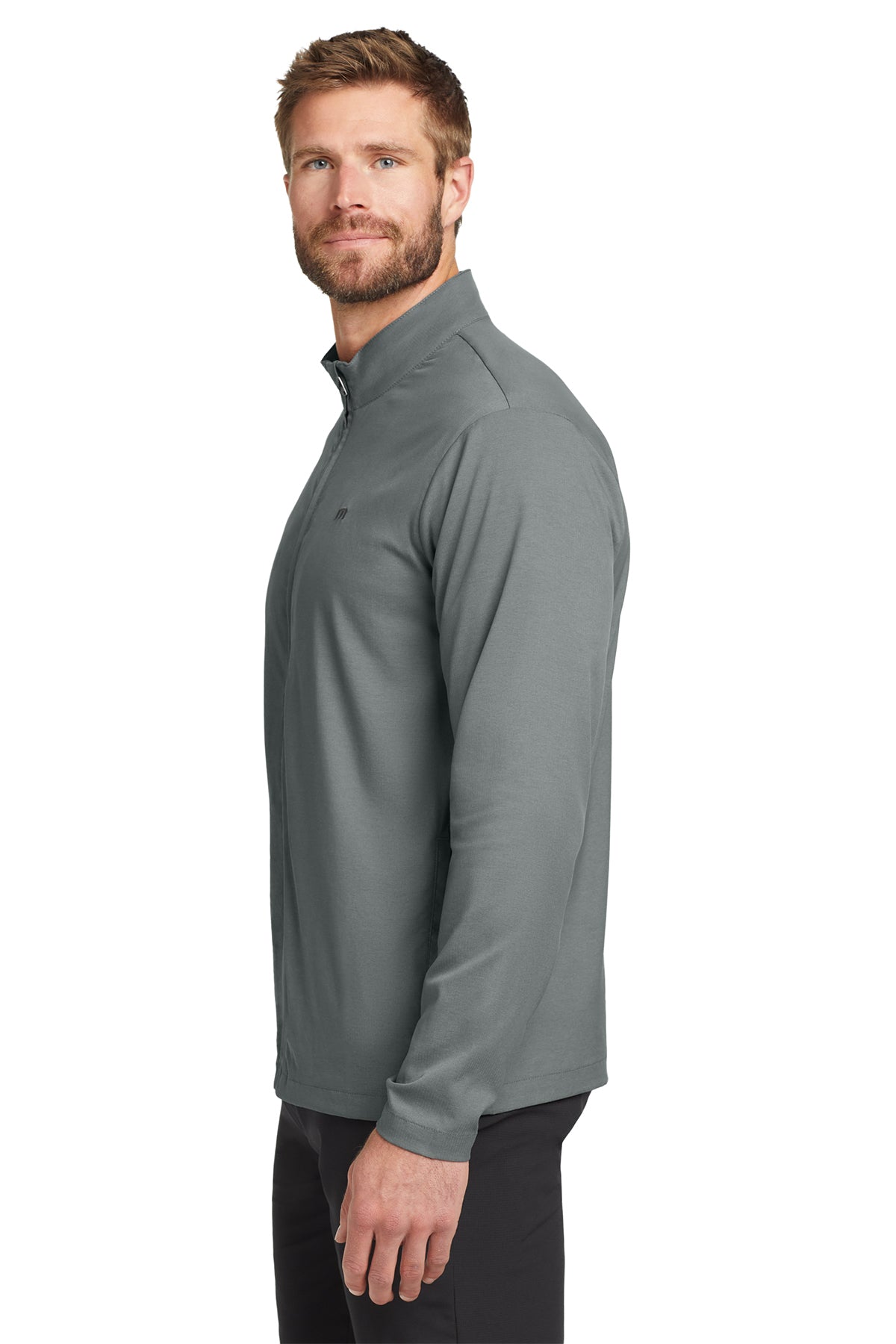 TravisMathew Surfside Full-Zip Jacket in Quiet Shade Grey Heather, side on model
