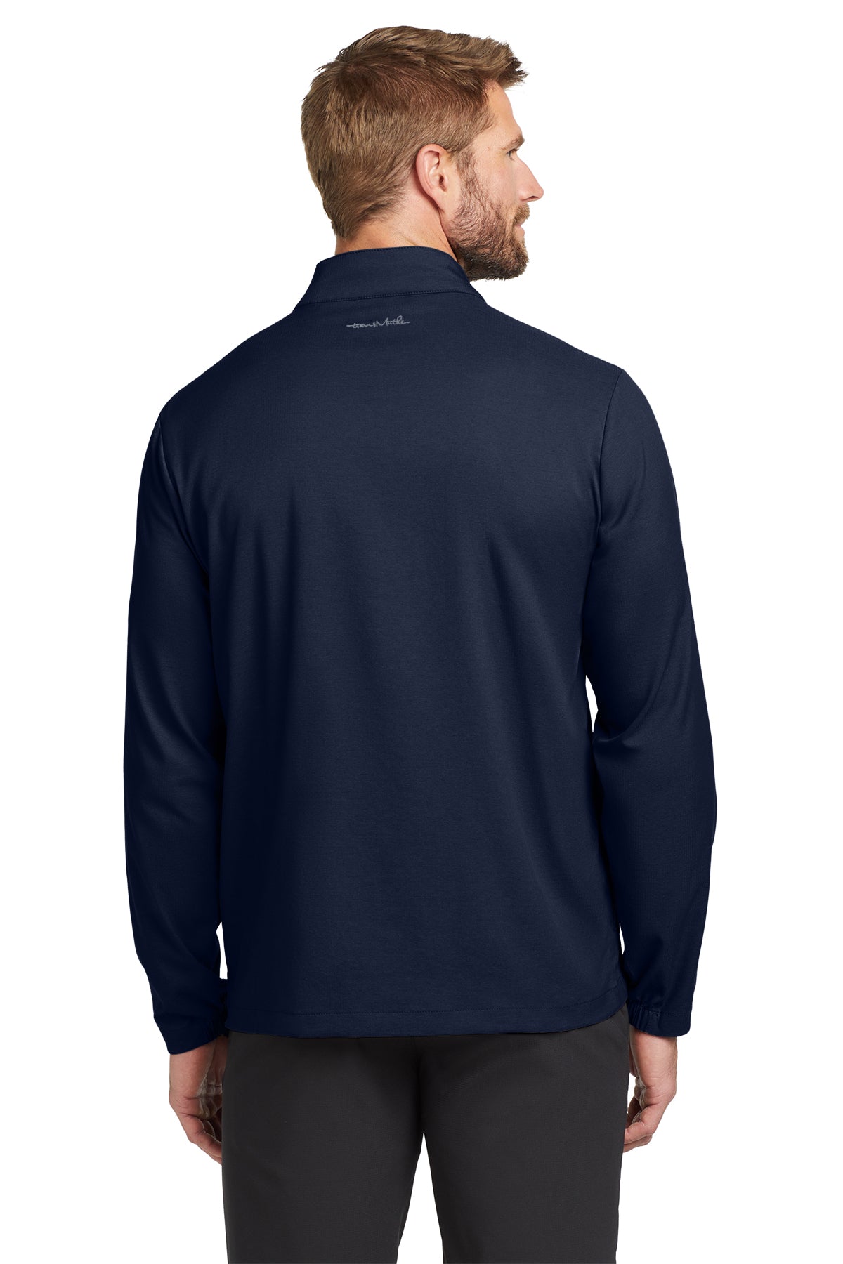 TravisMathew Surfside Full-Zip Jacket in Vintage Indigo/ Black, back on model