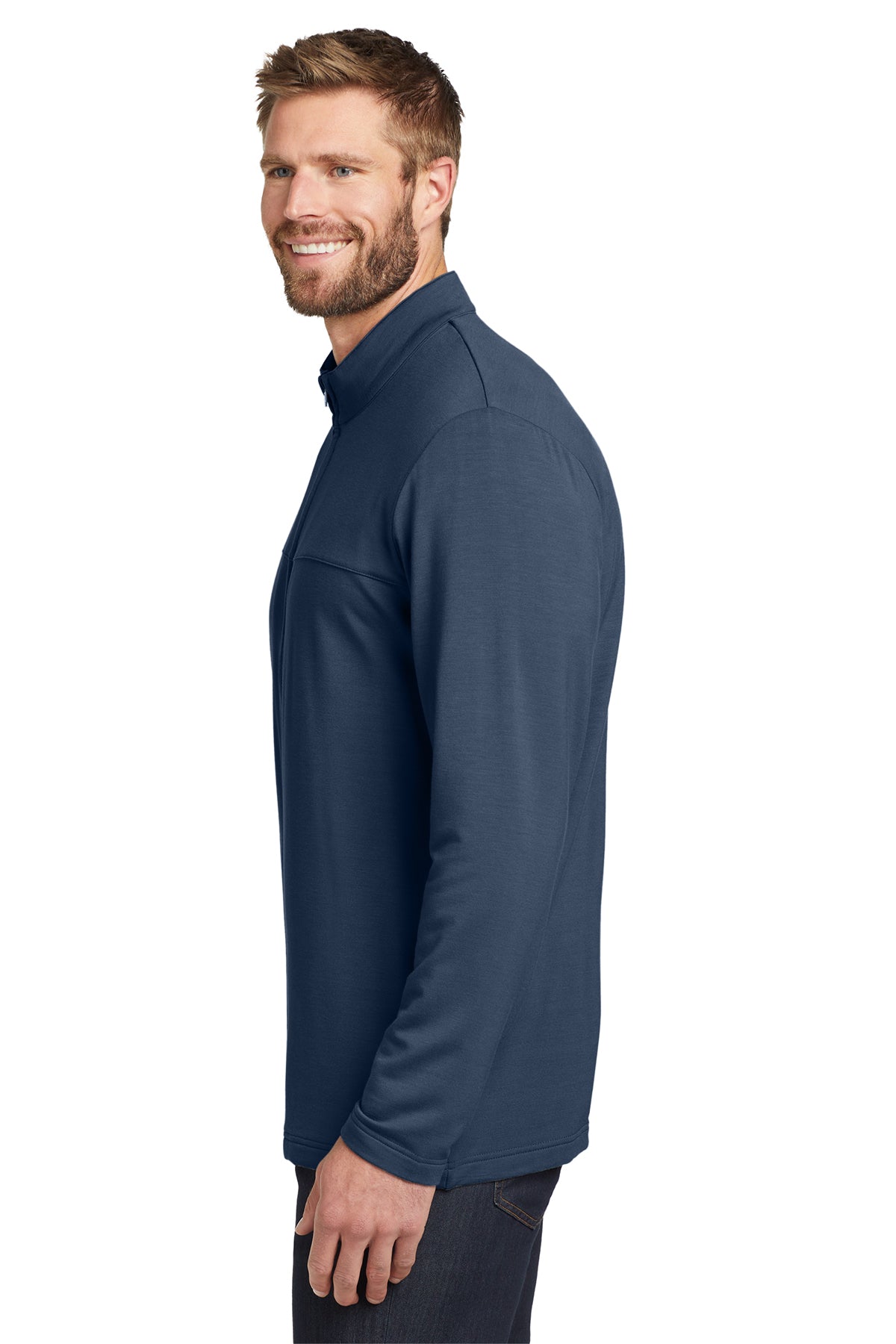 TravisMathew Newport Full-Zip Fleece in Blue Nights, side on model