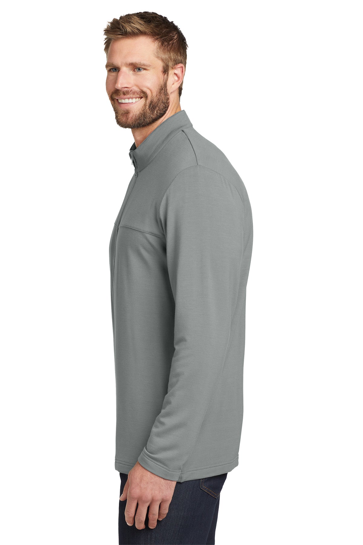 TravisMathew Newport Full-Zip Fleece in Quiet Shade Grey, side on model