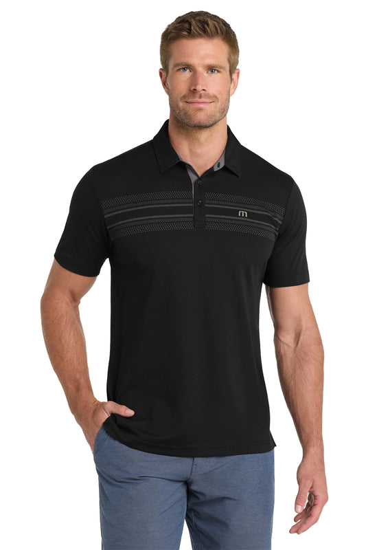 TravisMathew Monterey Chest Stripe Polo in Black, front on model