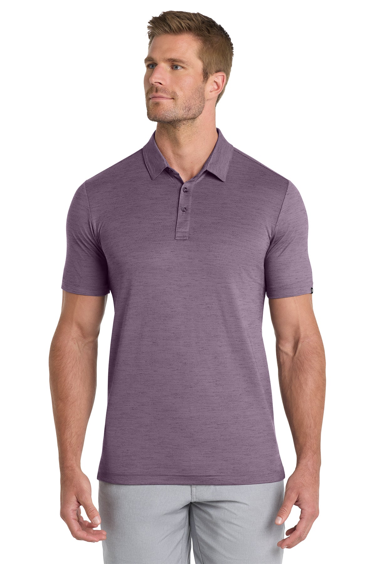 TravisMathew Auckland Slub Polo in Purple Sage, front on model