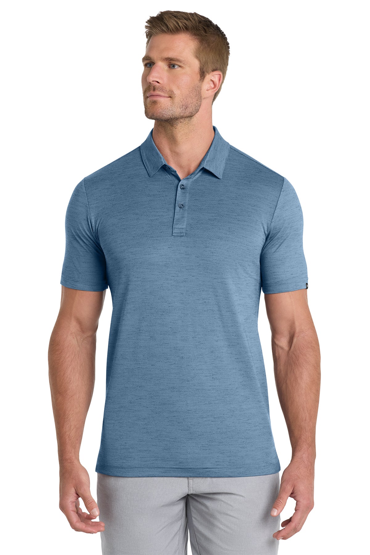 TravisMathew Auckland Slub Polo in Riviera Blue, front on model