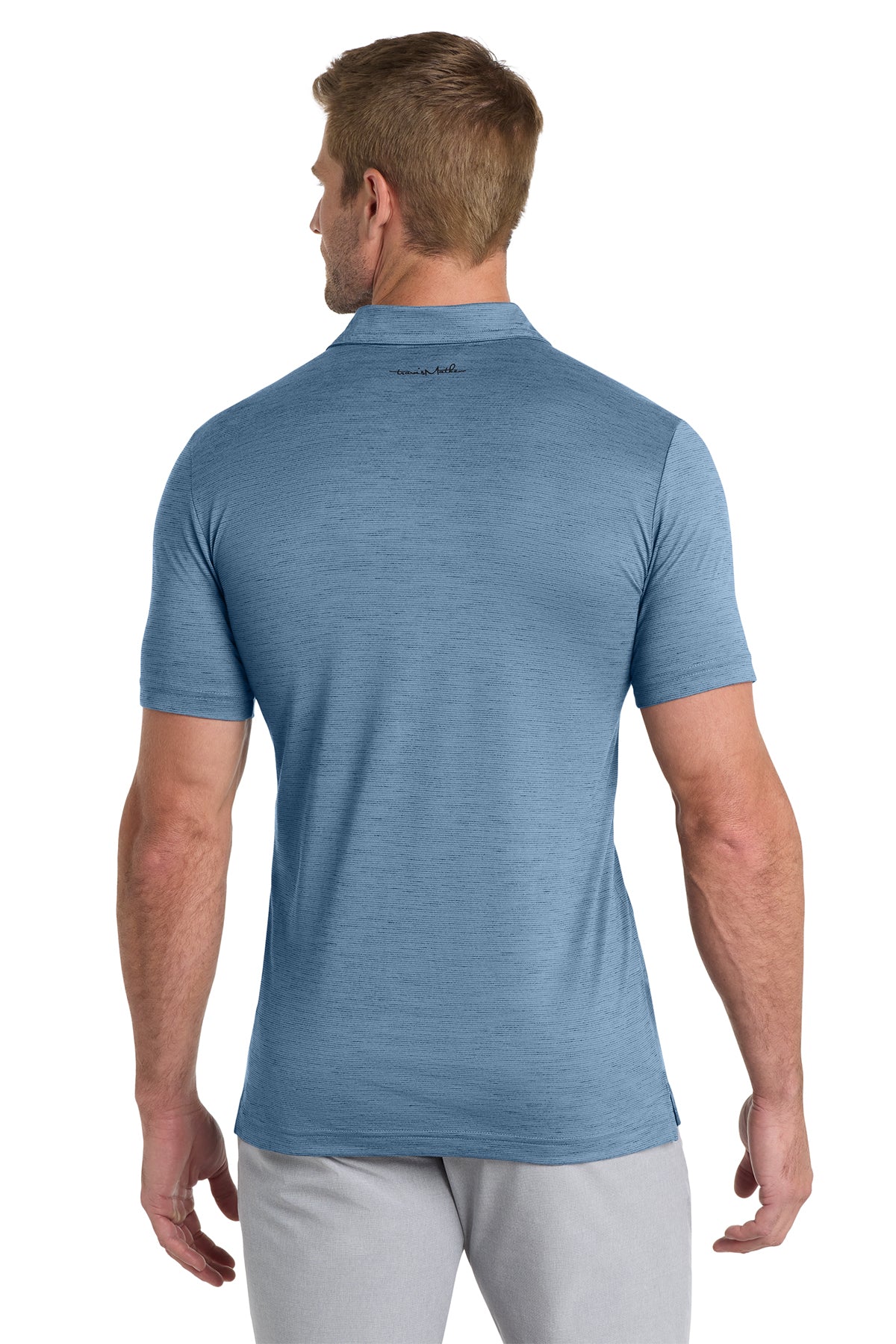TravisMathew Auckland Slub Polo in Riviera Blue, back on model