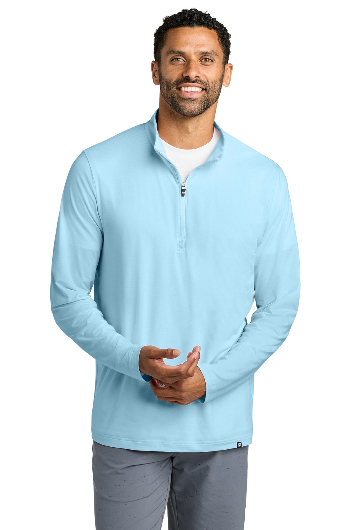 TravisMathew Crestview 1/4-Zip in Dream Blue, front on model