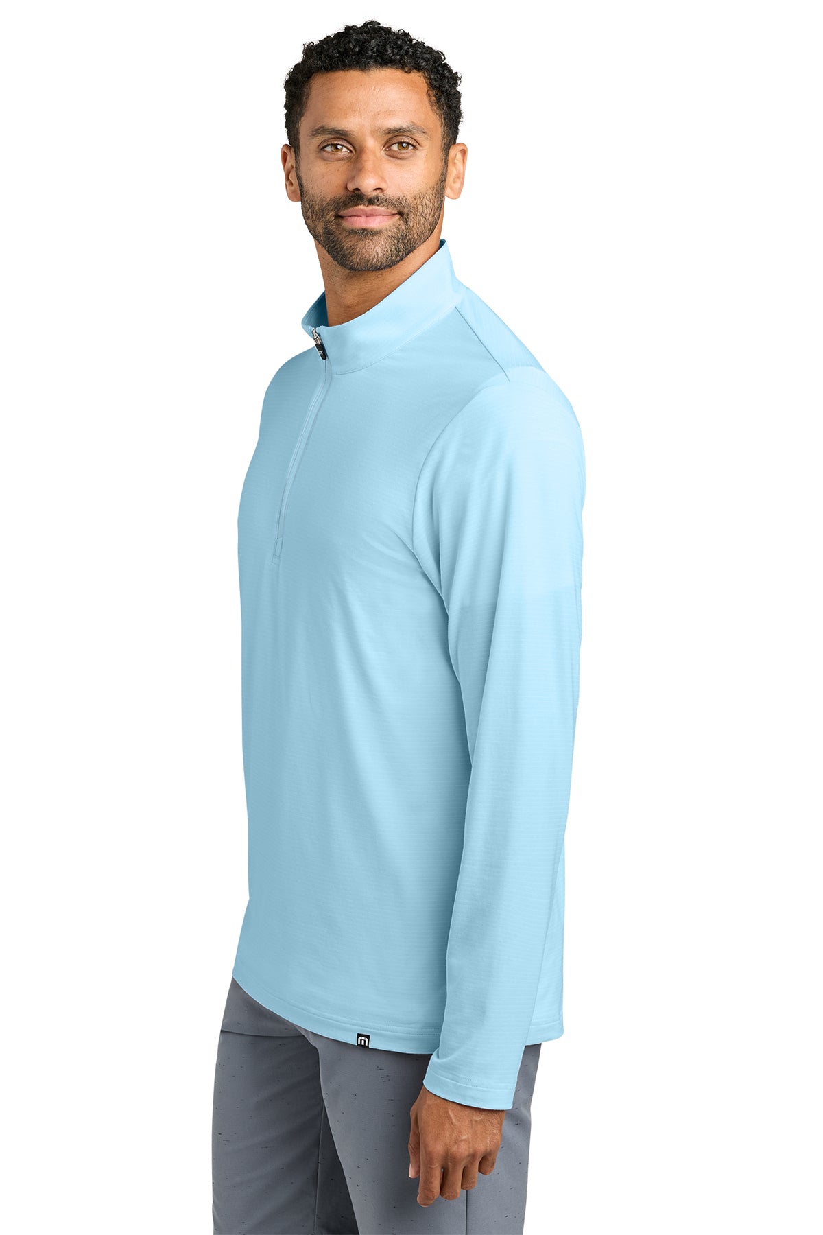 TravisMathew Crestview 1/4-Zip in Dream Blue, side on model