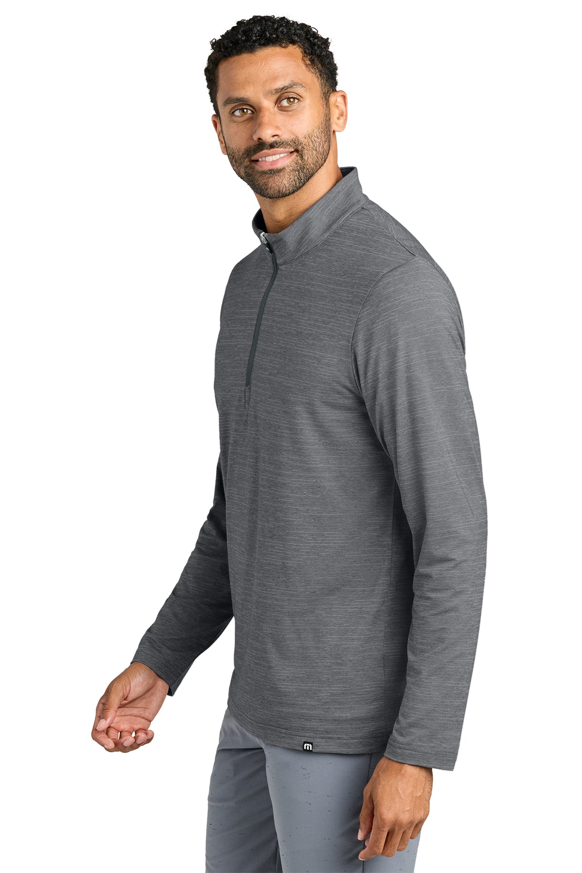 TravisMathew Crestview 1/4-Zip in Grey Heather, side on model