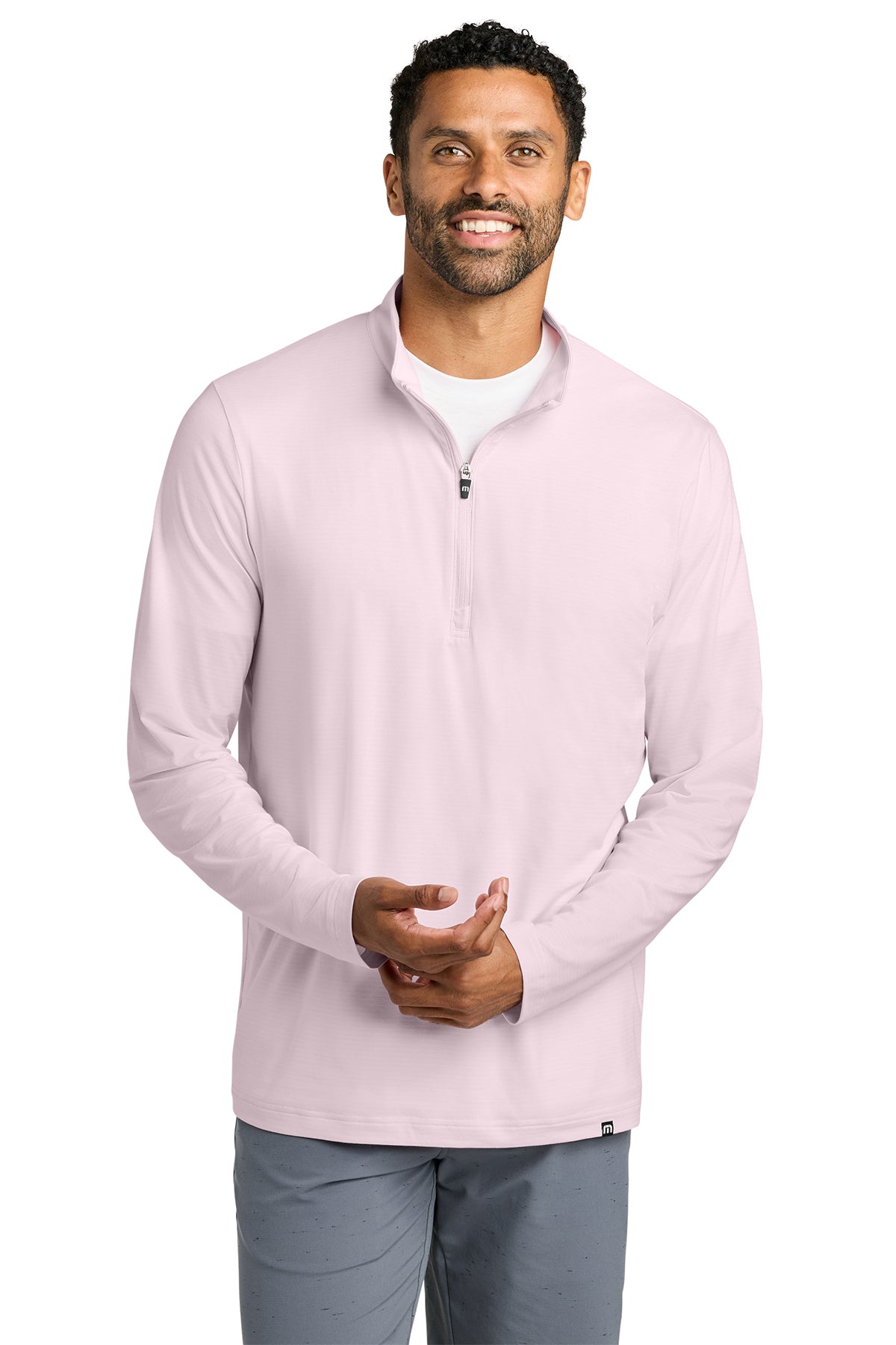 TravisMathew Crestview 1/4-Zip in Stone Pink, front on model