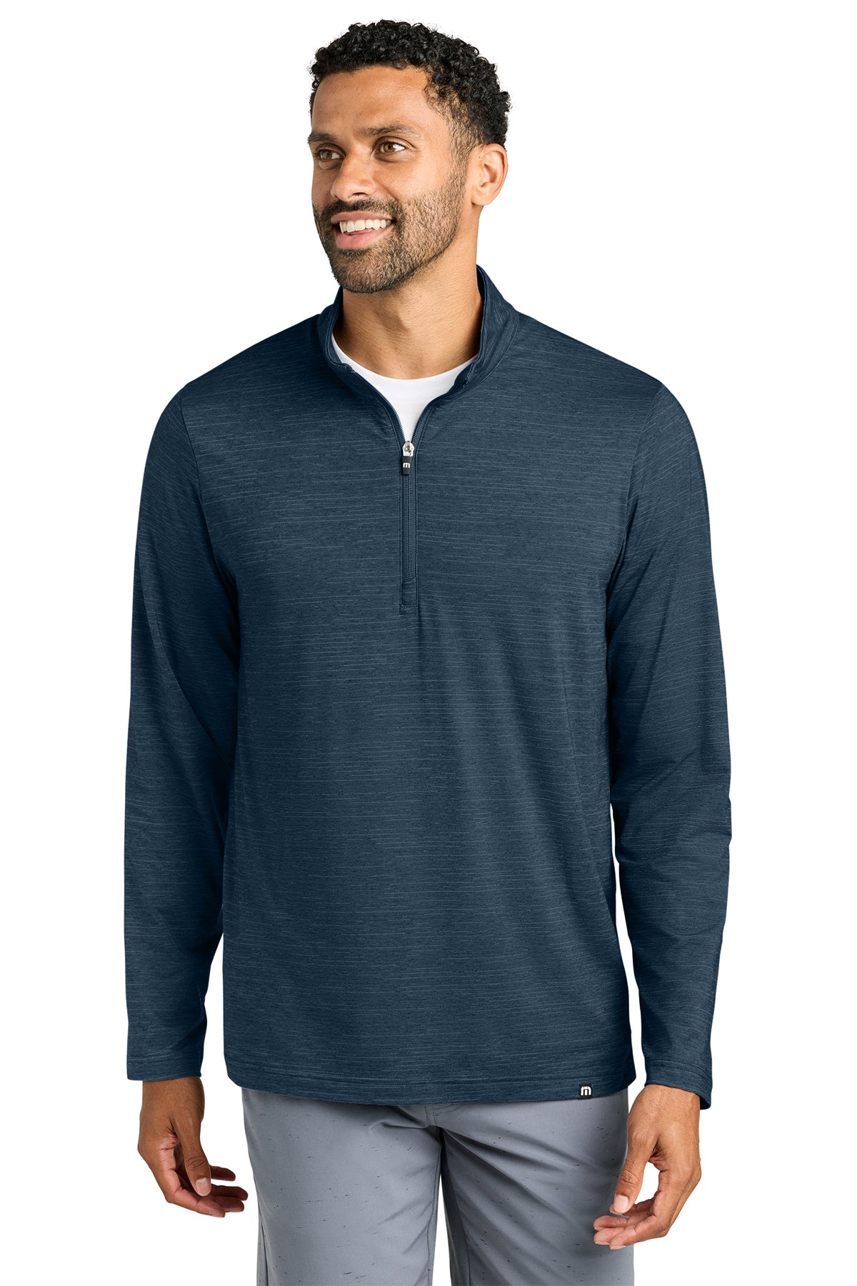 TravisMathew Crestview 1/4-Zip in Vintage Indigo Heather, front on model