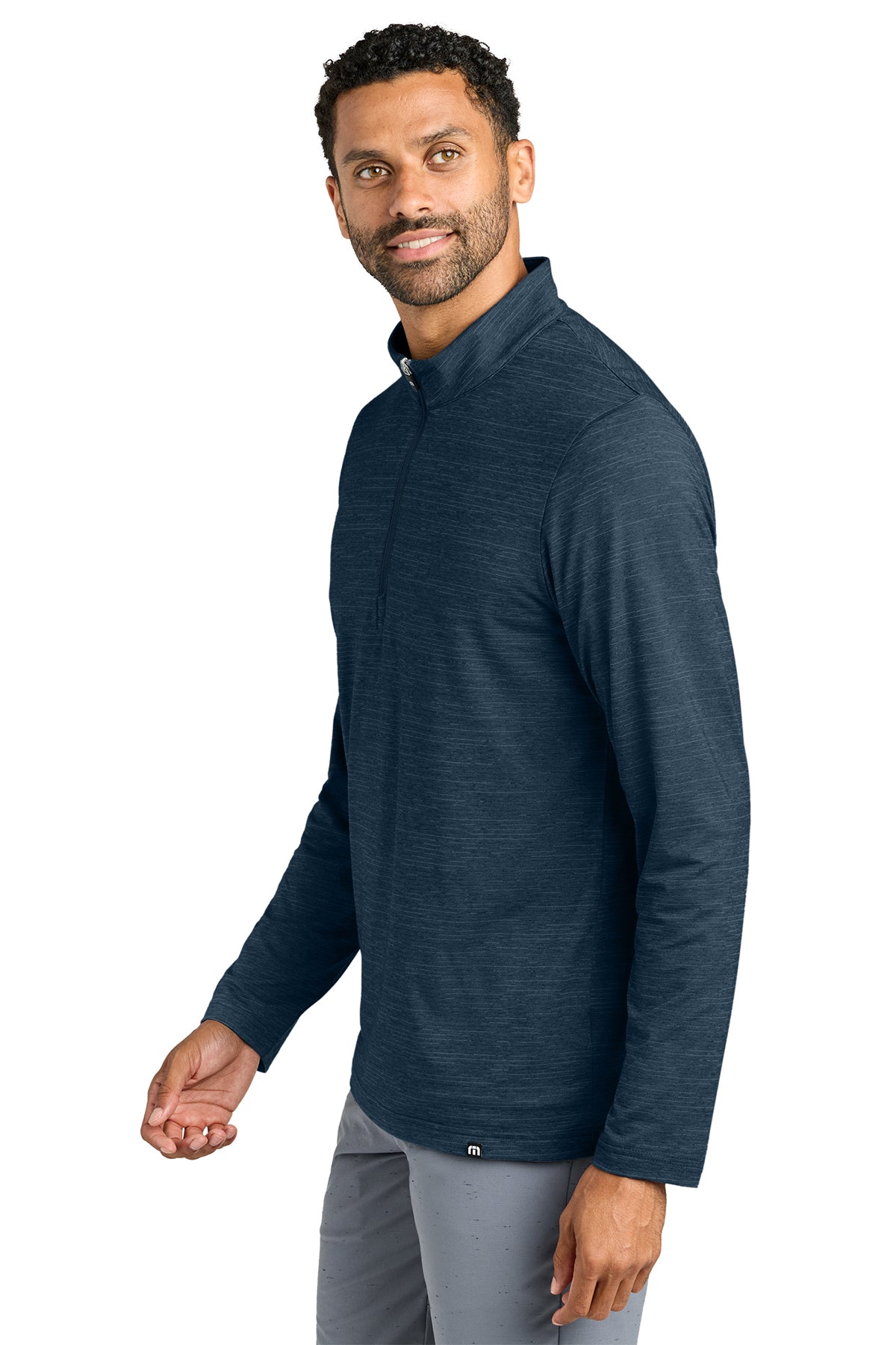 TravisMathew Crestview 1/4-Zip in Vintage Indigo Heather, side on model