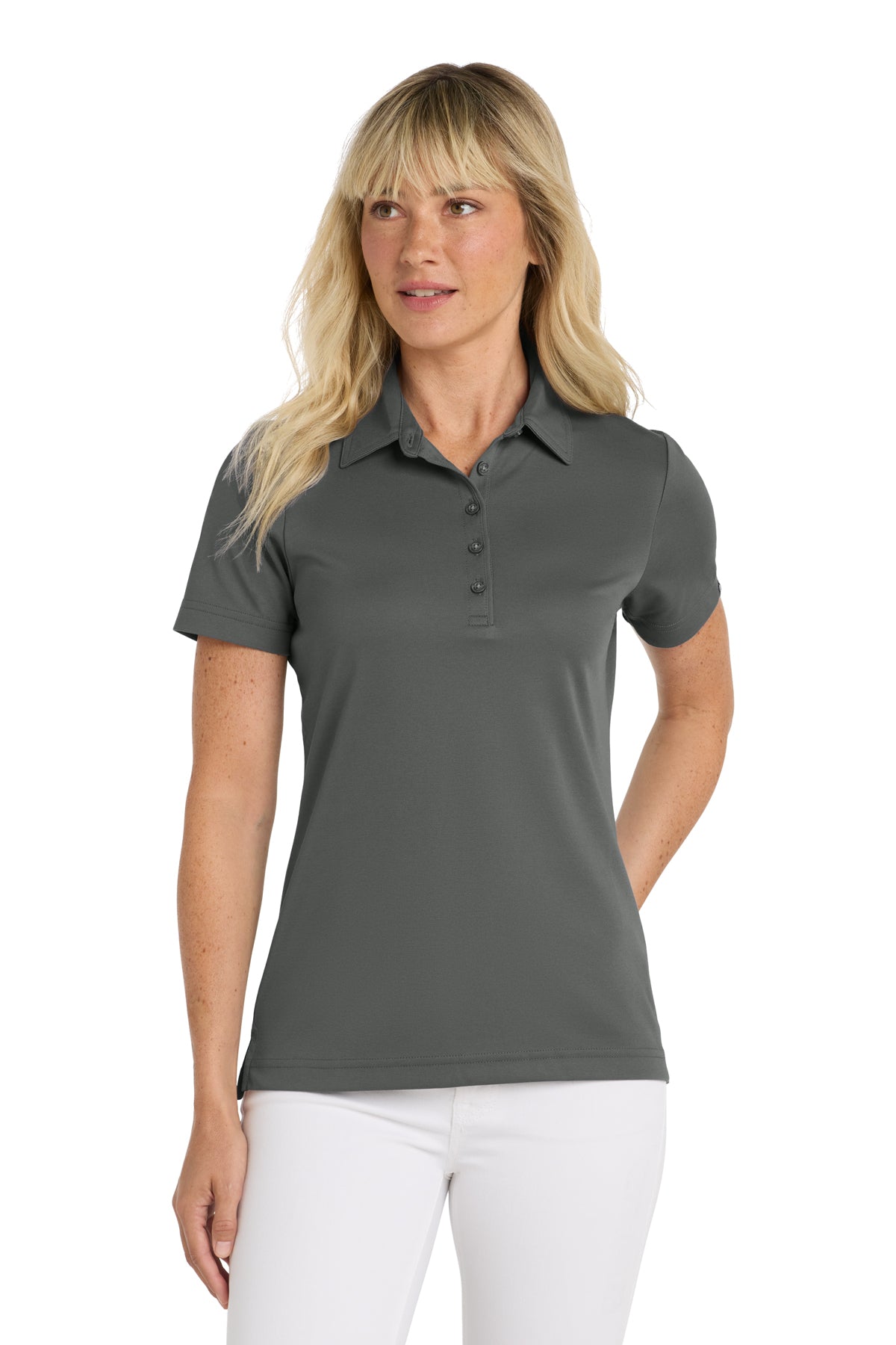 TravisMathew Women's Oceanside Solid Polo in Quiet Shade Grey, front on model
