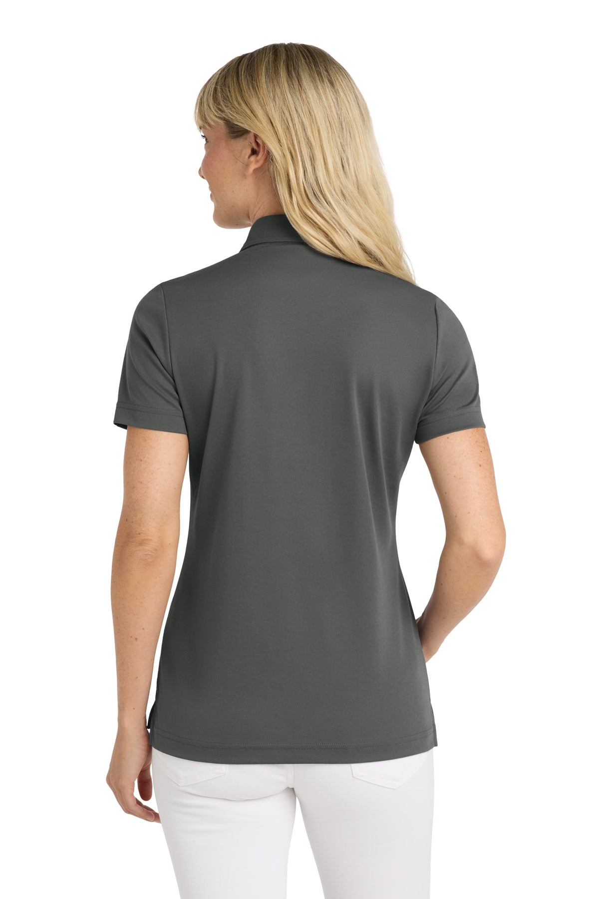TravisMathew Women's Oceanside Solid Polo in Quiet Shade Grey, back on model