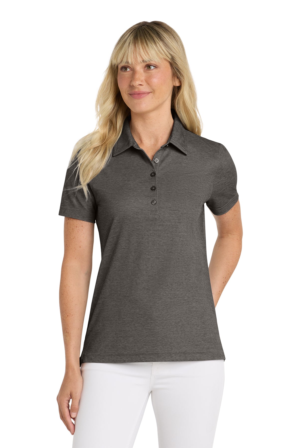 TravisMathew Women's Oceanside Heather Polo in Black Heather, front on model