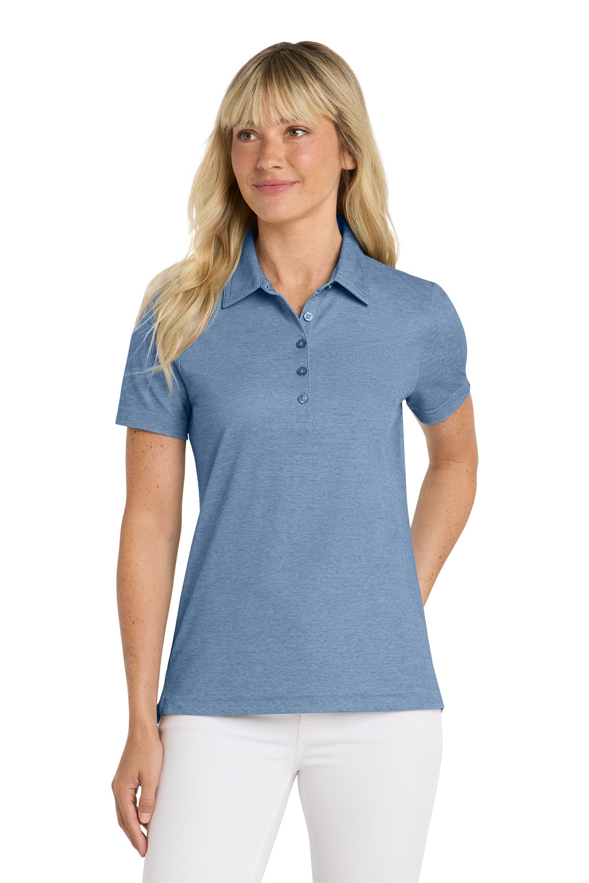 TravisMathew Women's Oceanside Heather Polo in Classic Blue Heather, front on model