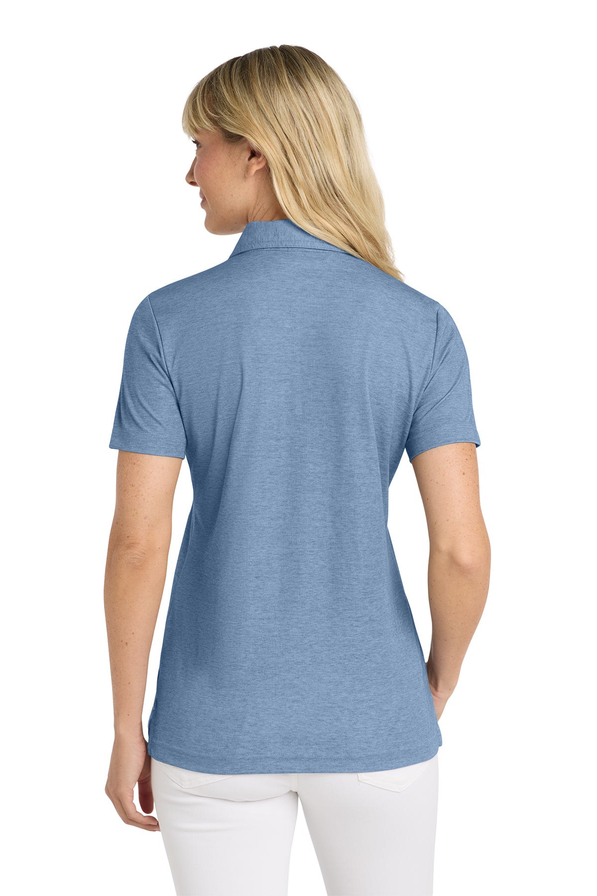TravisMathew Women's Oceanside Heather Polo in Classic Blue Heather, back on model
