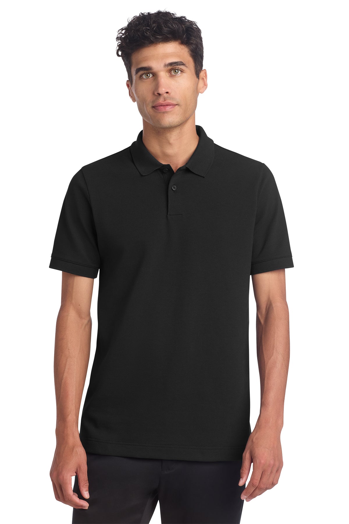 Mercer+Mettle Stretch Heavyweight Pique Polo in Deep Black, front on model