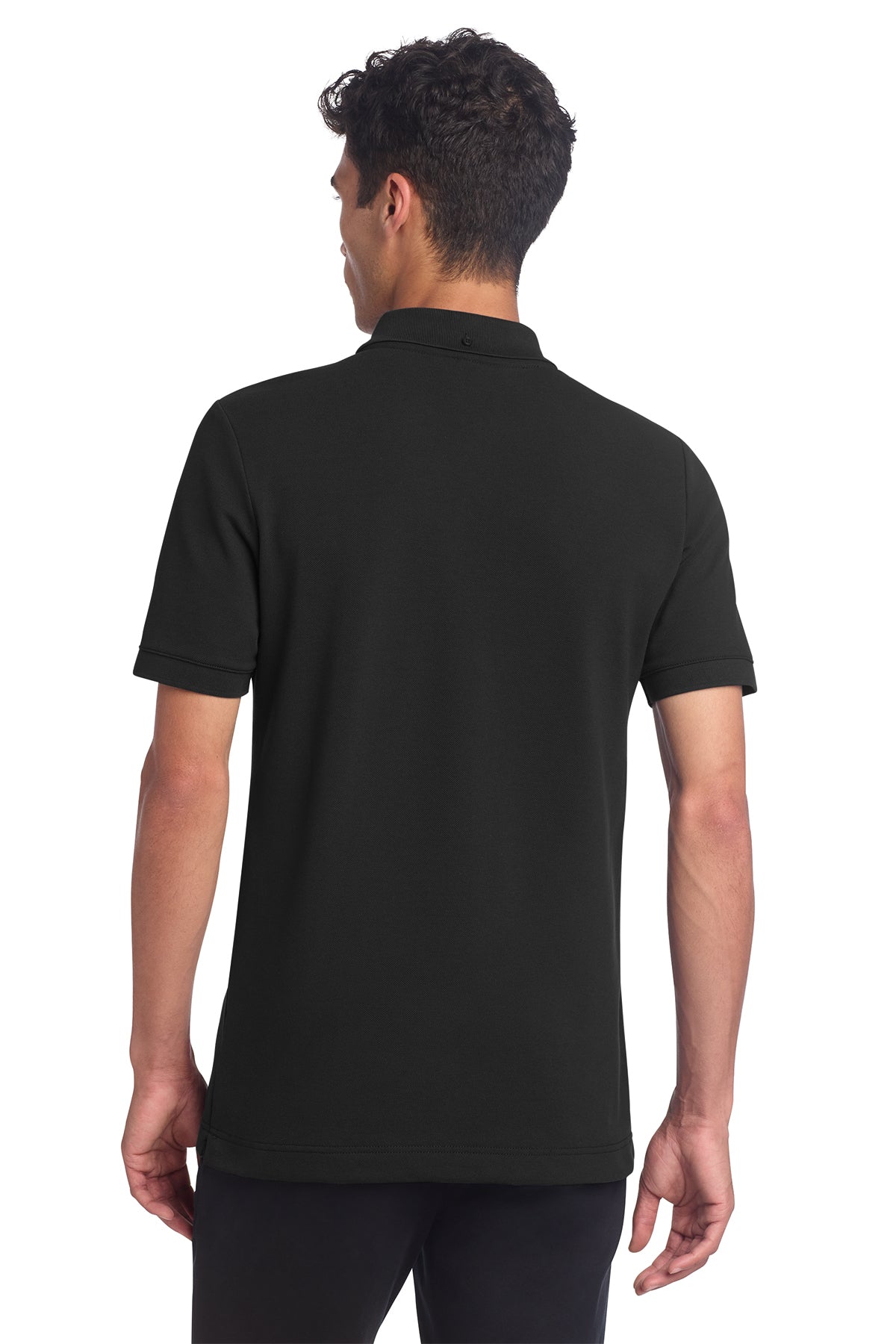 Mercer+Mettle Stretch Heavyweight Pique Polo in Deep Black, back on model