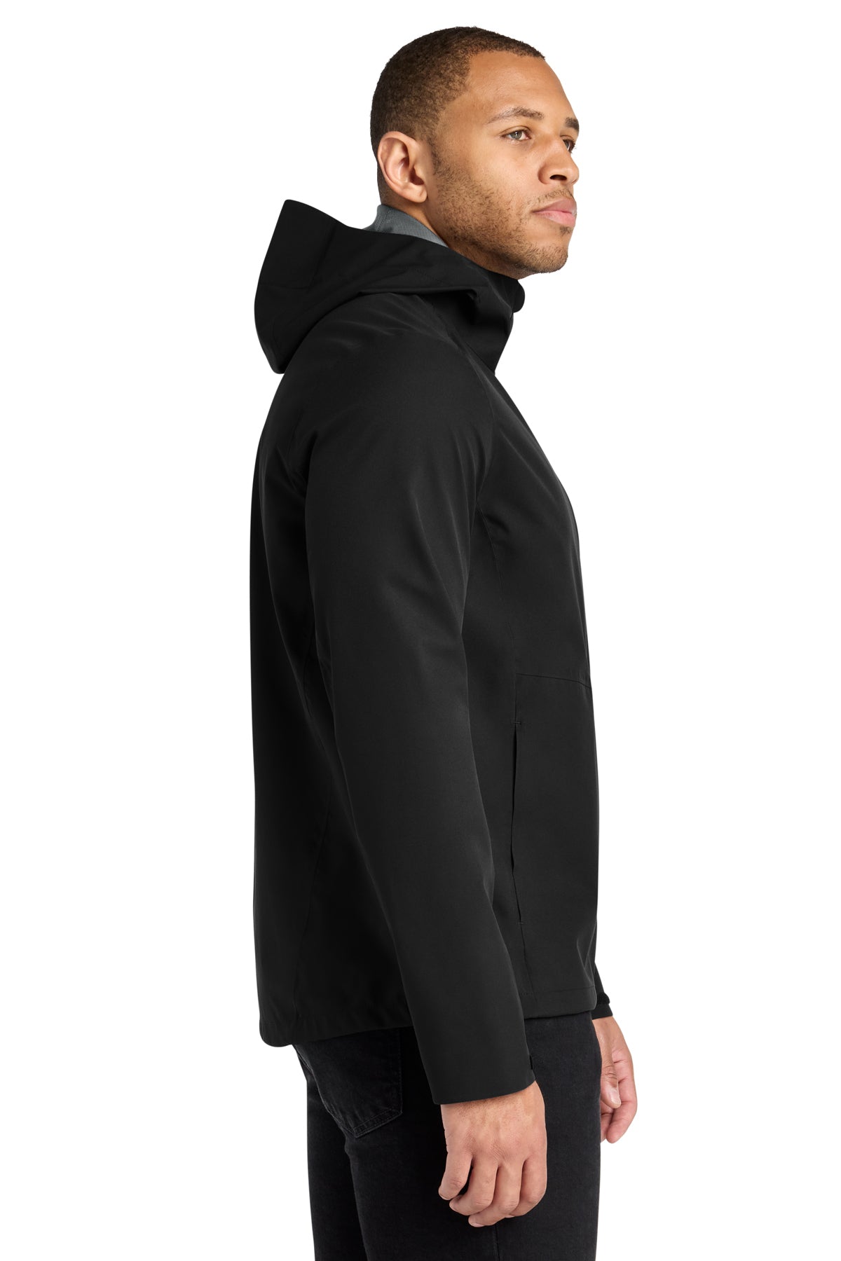 Mercer+Mettle Waterproof Rain Shell in Deep Black, side on model