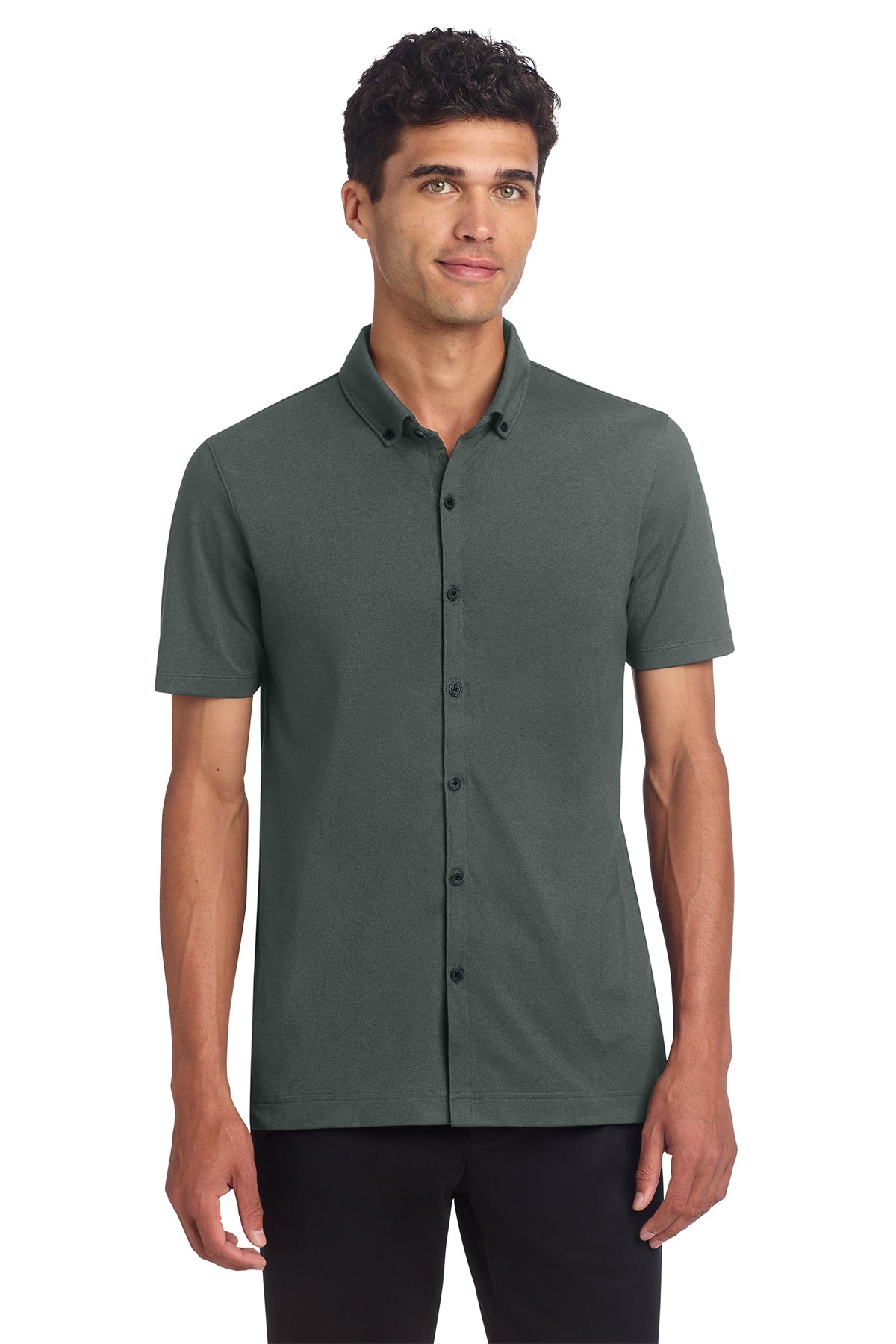 Mercer+Mettle Stretch Pique Full-Button Polo in Anchor Grey, front on model