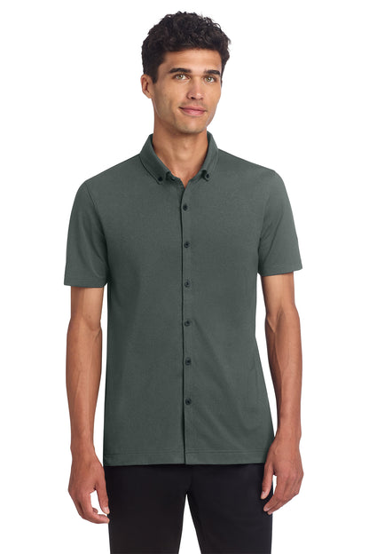 Mercer+Mettle Stretch Pique Full-Button Polo in Anchor Grey, front on model