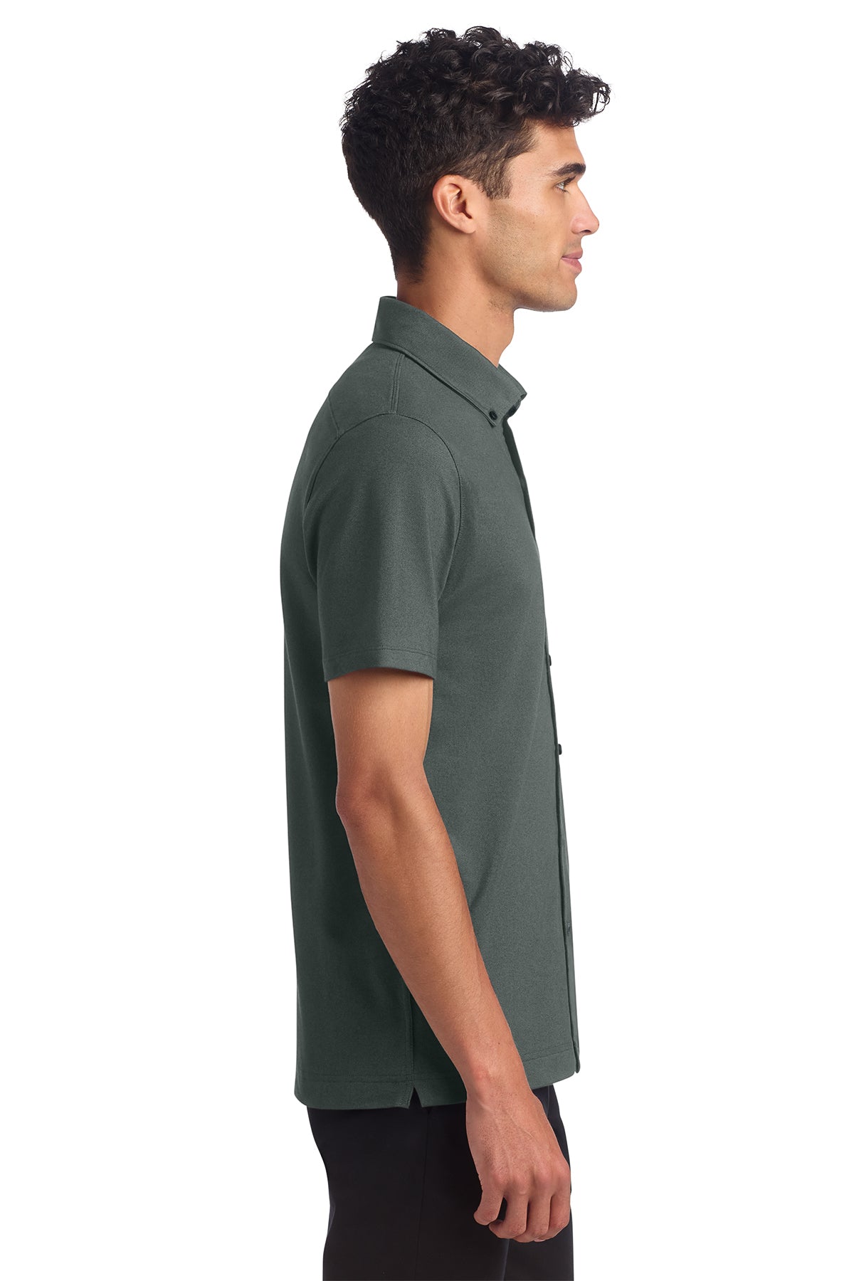 Mercer+Mettle Stretch Pique Full-Button Polo in Anchor Grey, side on model