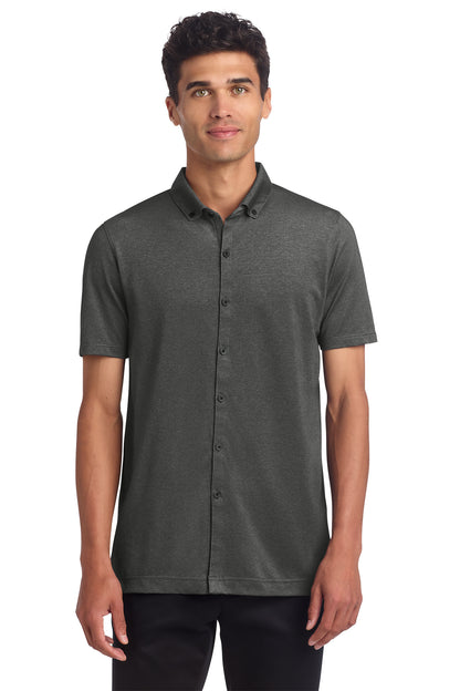Mercer+Mettle Stretch Pique Full-Button Polo in Anchor Grey Heather, front on model