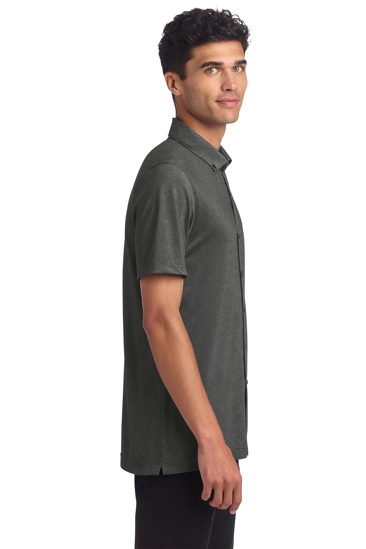 Mercer+Mettle Stretch Pique Full-Button Polo in Anchor Grey Heather, side on model