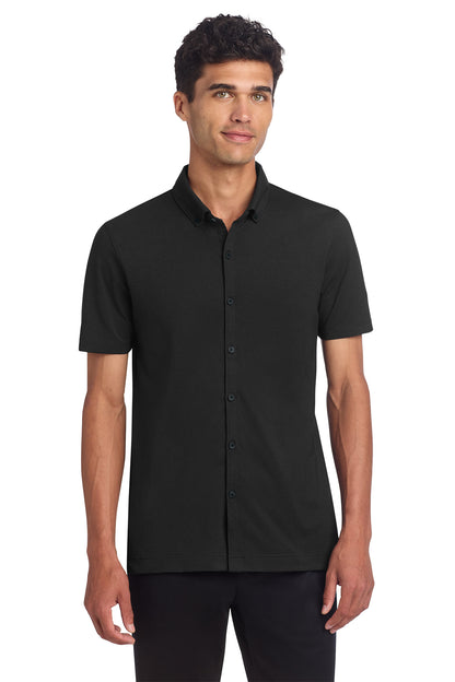 Mercer+Mettle Stretch Pique Full-Button Polo in Deep Black, front on model
