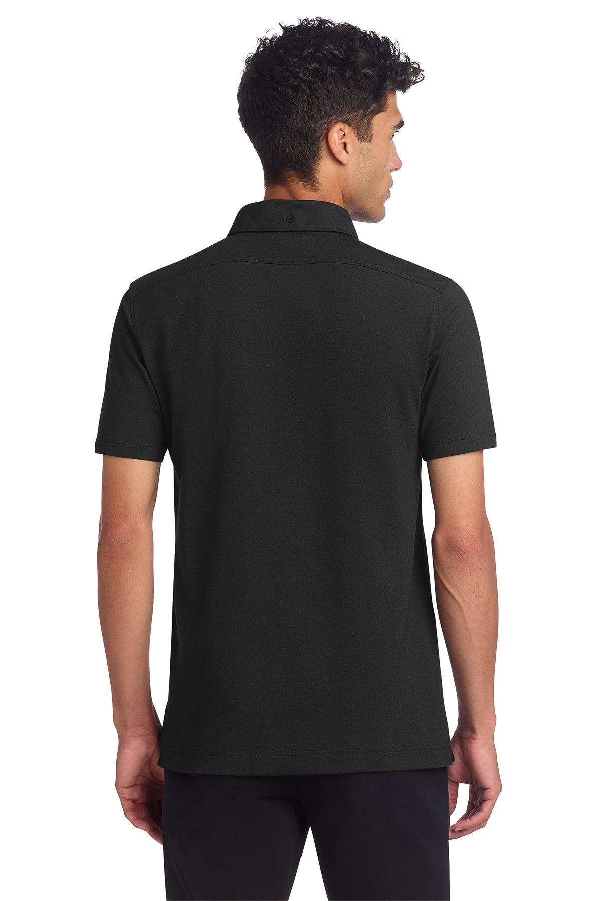 Mercer+Mettle Stretch Pique Full-Button Polo in Deep Black, back on model