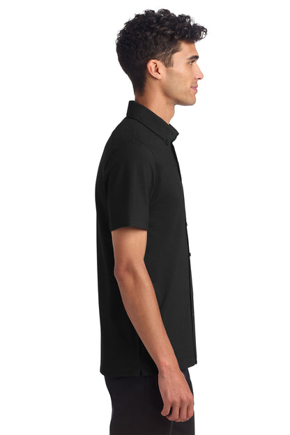 Mercer+Mettle Stretch Pique Full-Button Polo in Deep Black, side on model