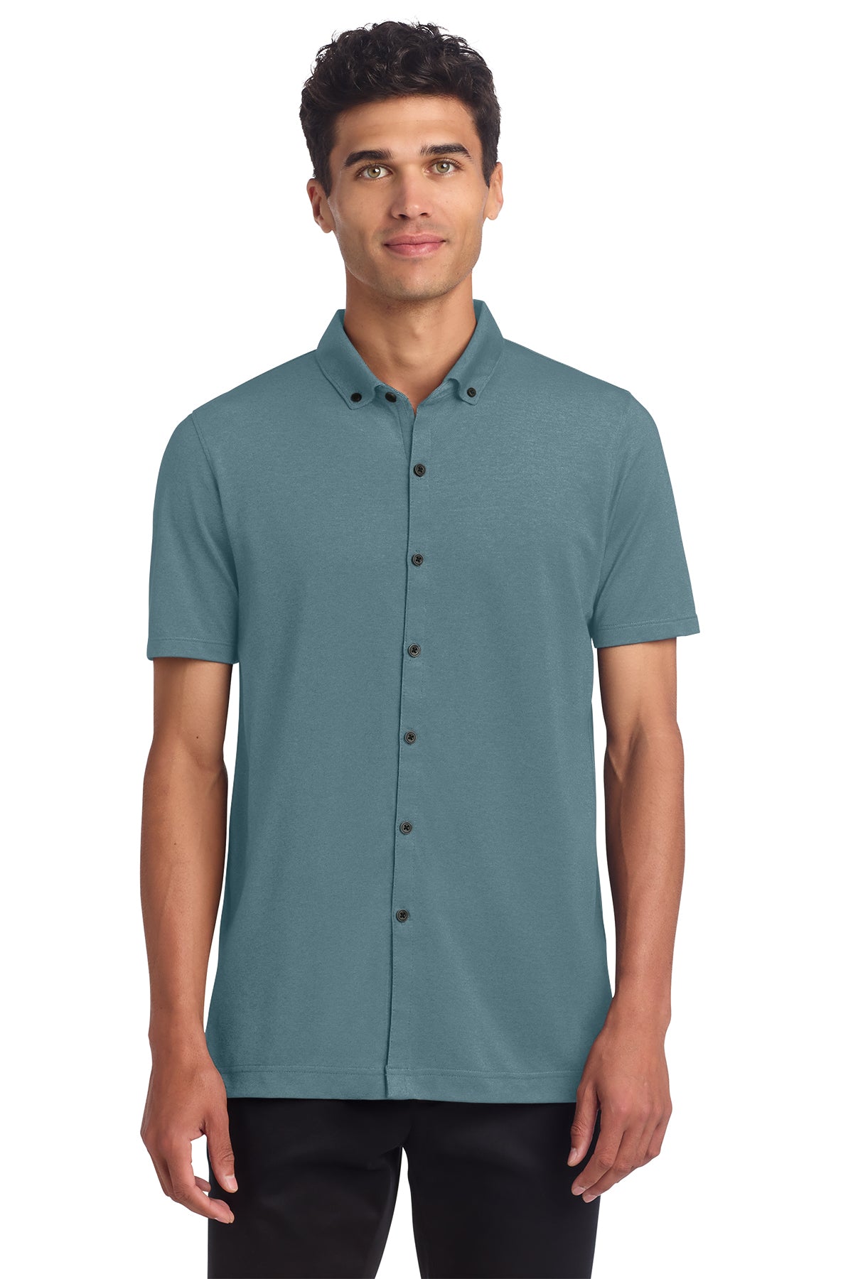 Mercer+Mettle Stretch Pique Full-Button Polo in Parisian Blue Heather, front on model
