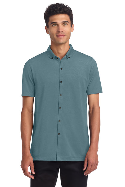 Mercer+Mettle Stretch Pique Full-Button Polo in Parisian Blue Heather, front on model