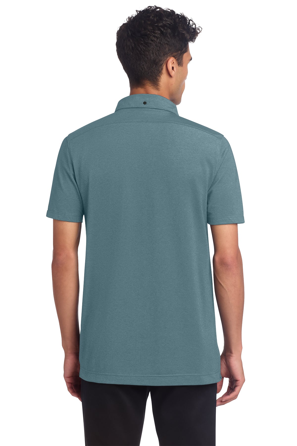 Mercer+Mettle Stretch Pique Full-Button Polo in Parisian Blue Heather, back on model