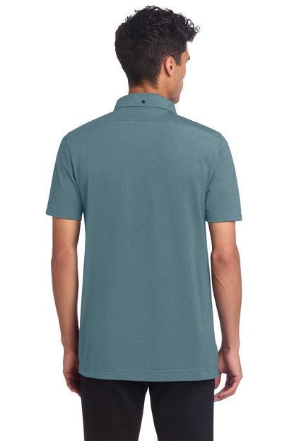 Mercer+Mettle Stretch Pique Full-Button Polo in Parisian Blue Heather, back on model