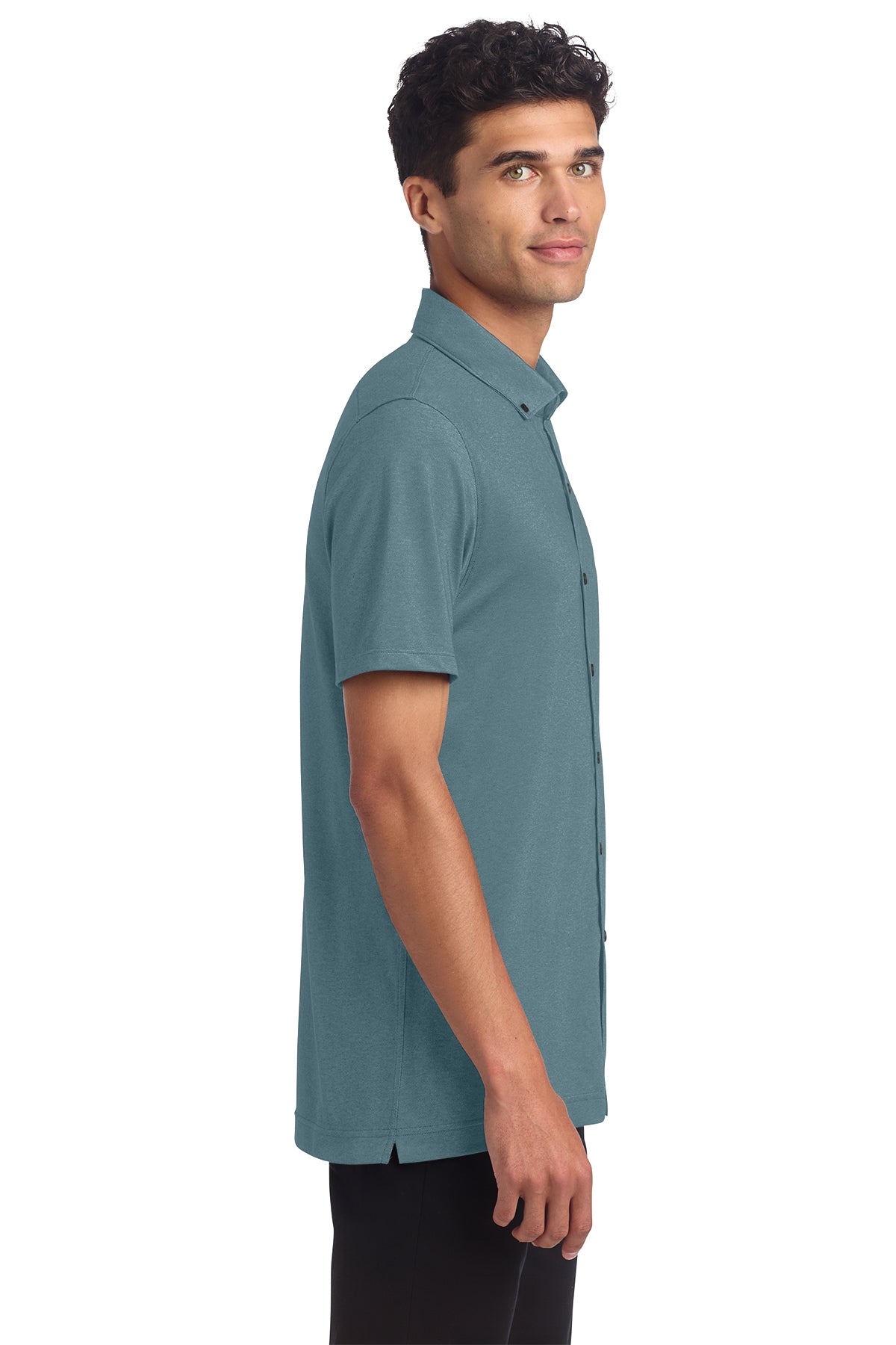 Mercer+Mettle Stretch Pique Full-Button Polo in Parisian Blue Heather, side on model