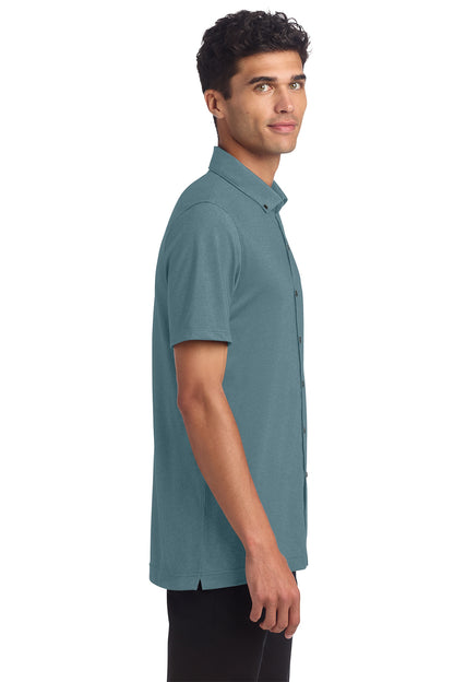 Mercer+Mettle Stretch Pique Full-Button Polo in Parisian Blue Heather, side on model
