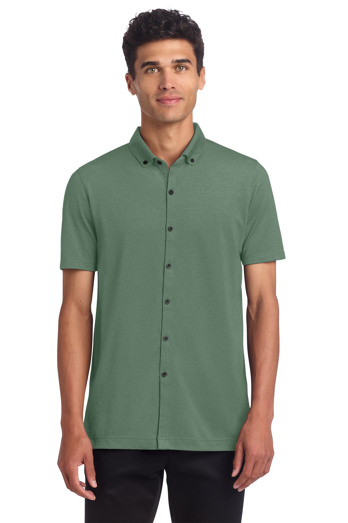 Mercer+Mettle Stretch Pique Full-Button Polo in Sage Heather, front on model