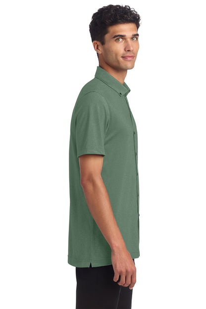 Mercer+Mettle Stretch Pique Full-Button Polo in Sage Heather, side on model