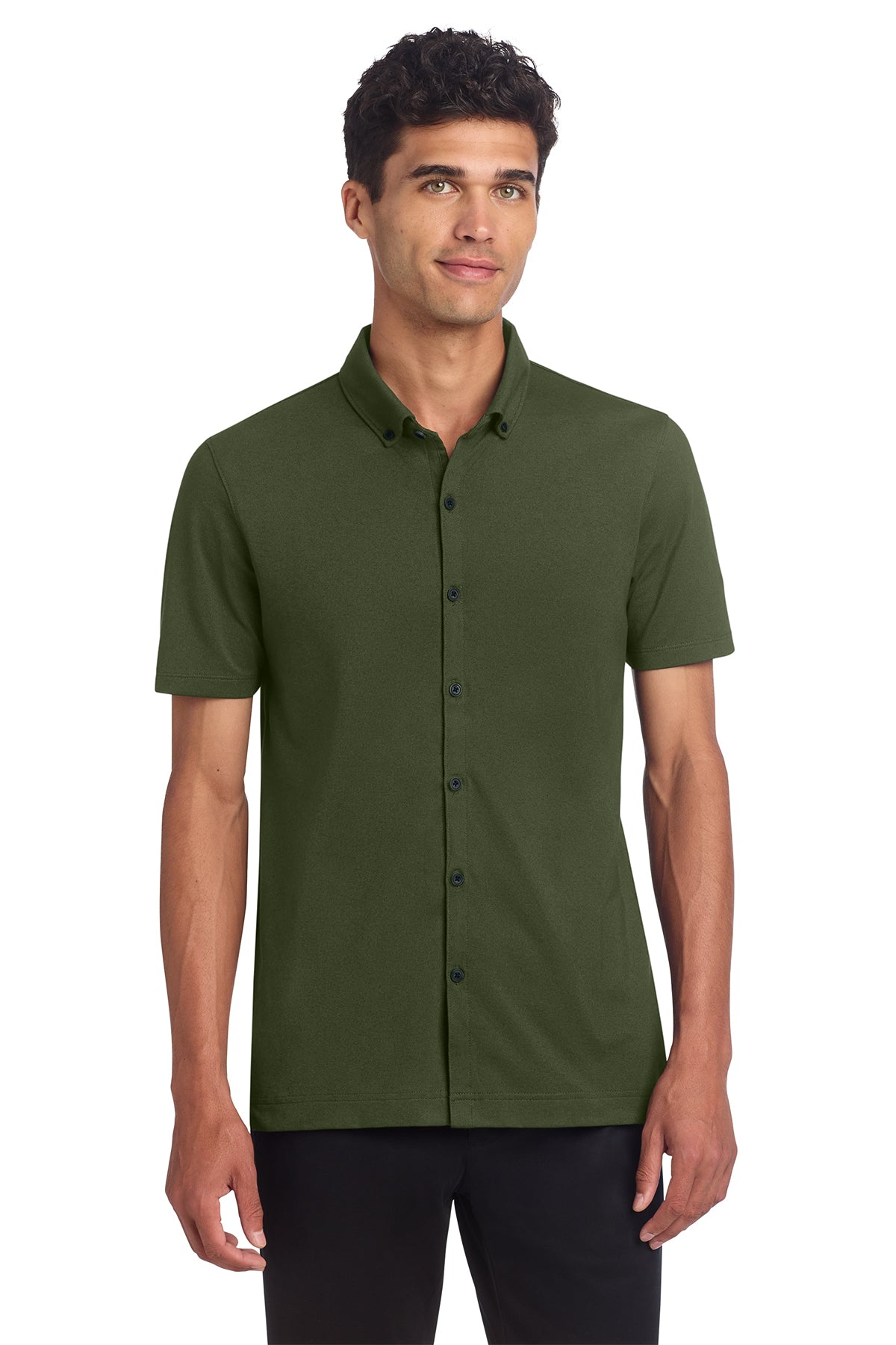 Mercer+Mettle Stretch Pique Full-Button Polo in Townsend Green, front on model