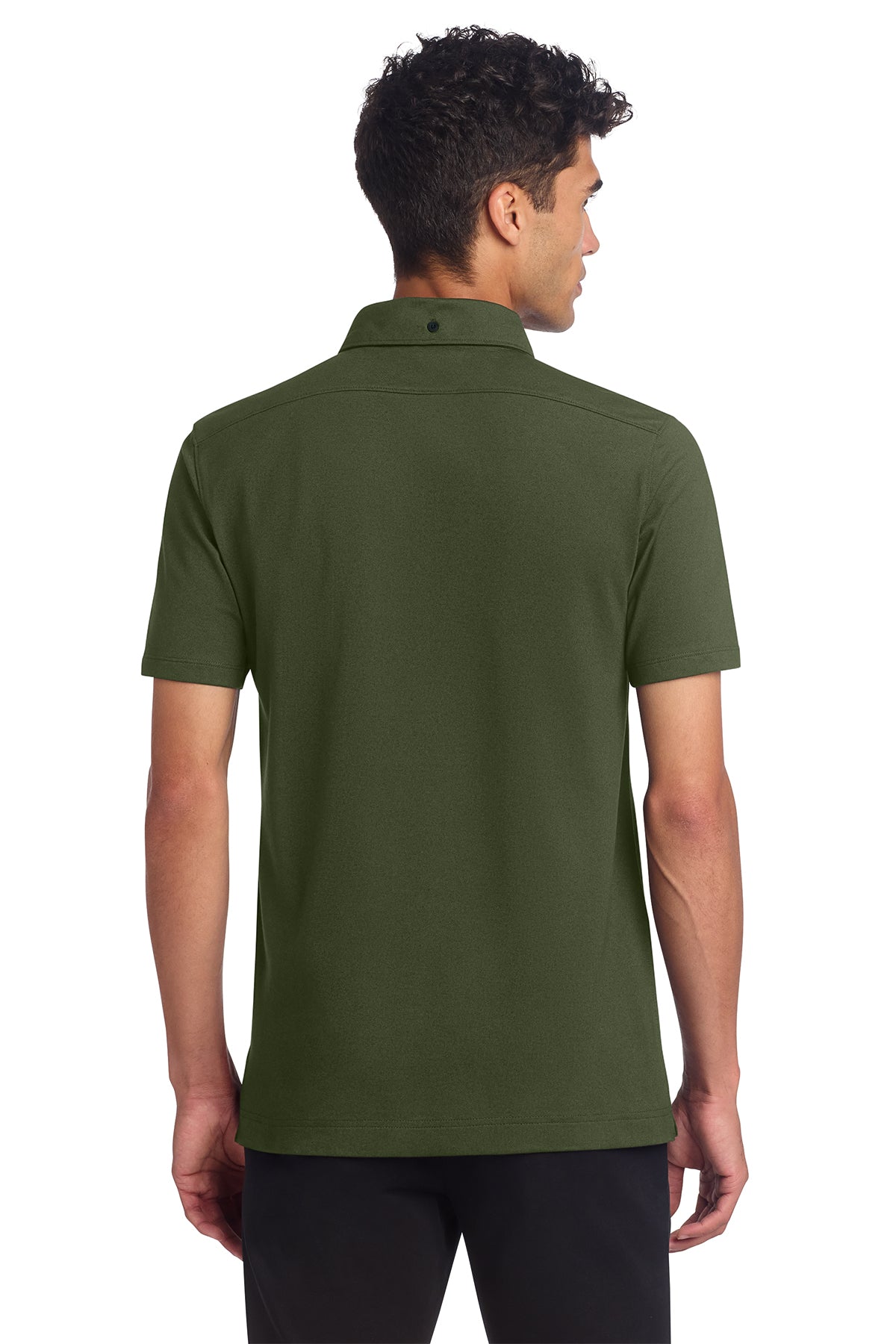 Mercer+Mettle Stretch Pique Full-Button Polo in Townsend Green, back on model