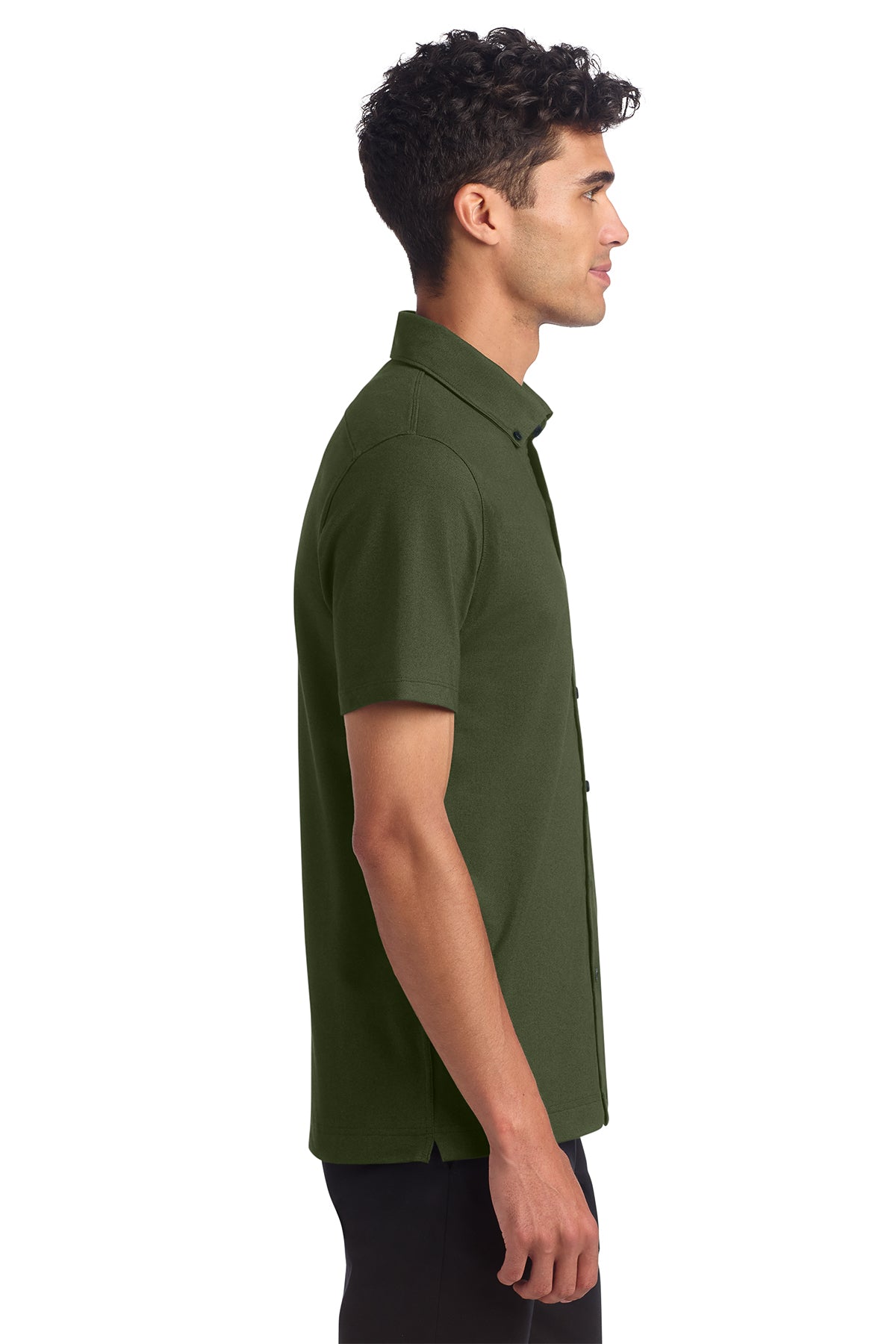 Mercer+Mettle Stretch Pique Full-Button Polo in Townsend Green, side on model