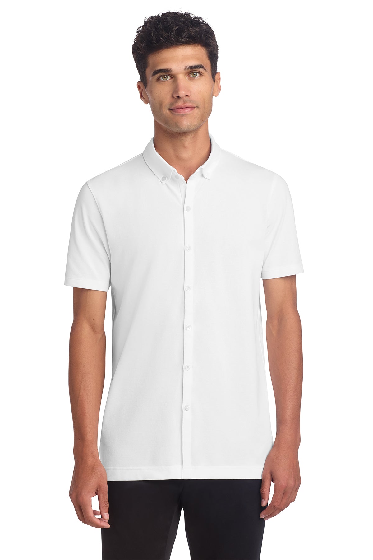 Mercer+Mettle Stretch Pique Full-Button Polo in White, front on model