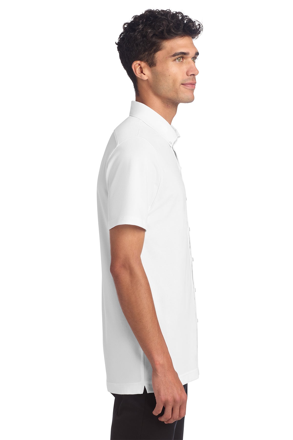 Mercer+Mettle Stretch Pique Full-Button Polo in White, side on model