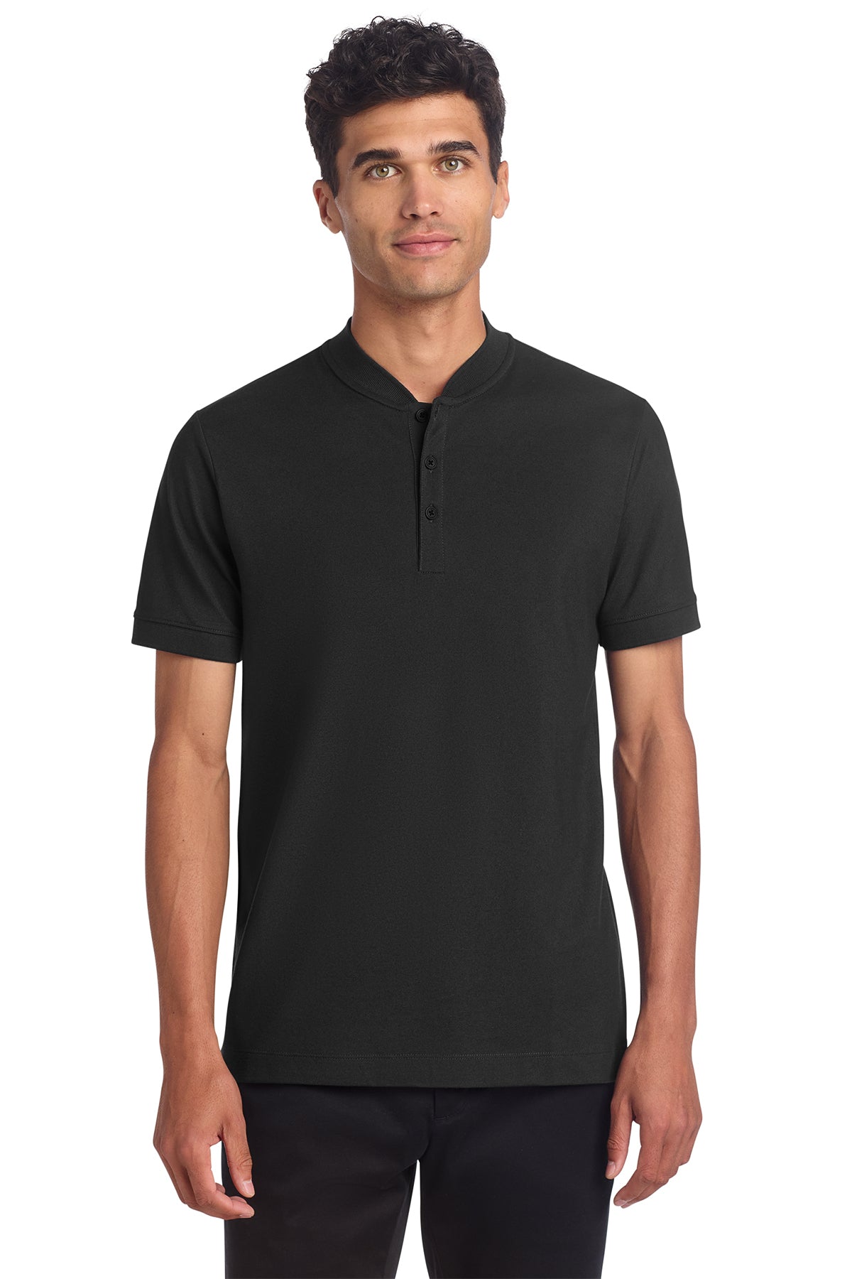 Mercer+Mettle Stretch Pique Henley in Deep Black, front on model