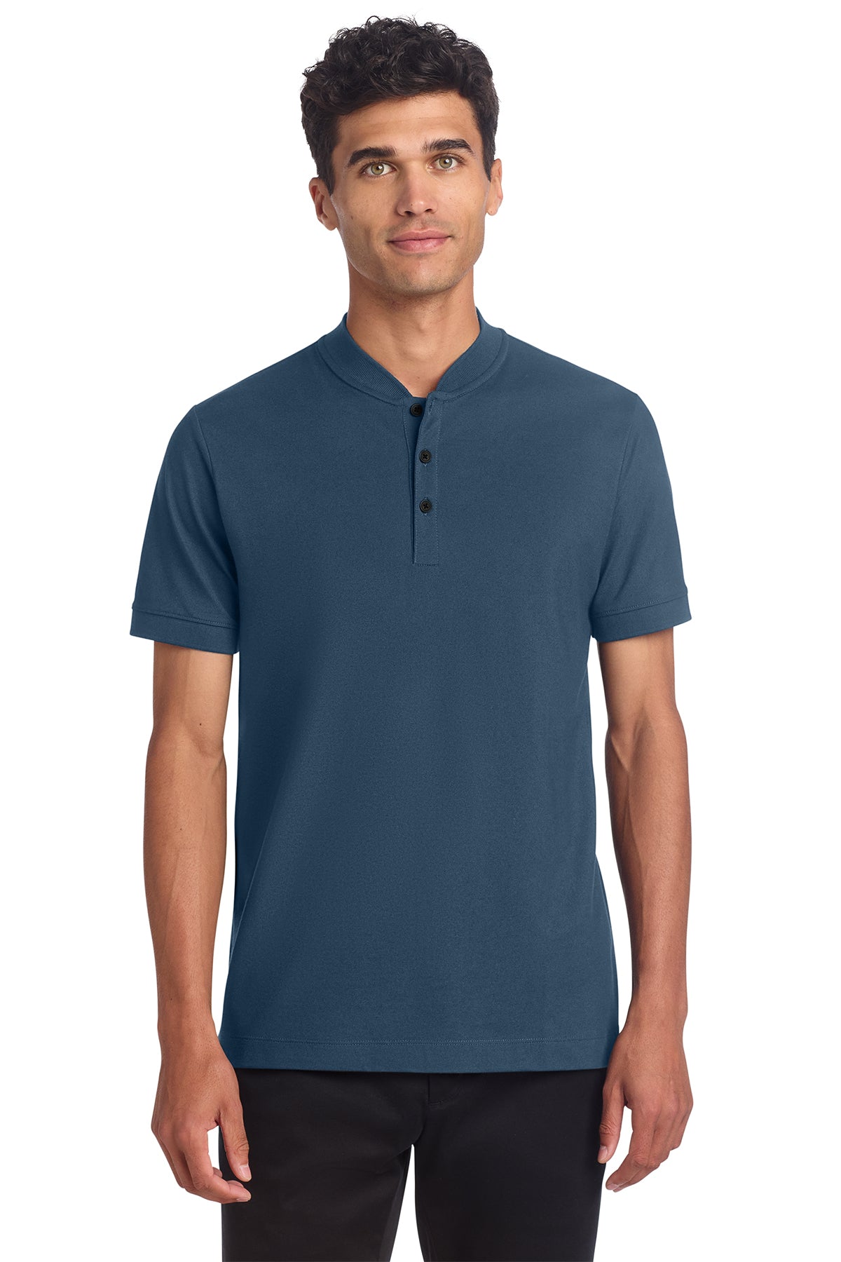 Mercer+Mettle Stretch Pique Henley in Insignia Blue, front on model