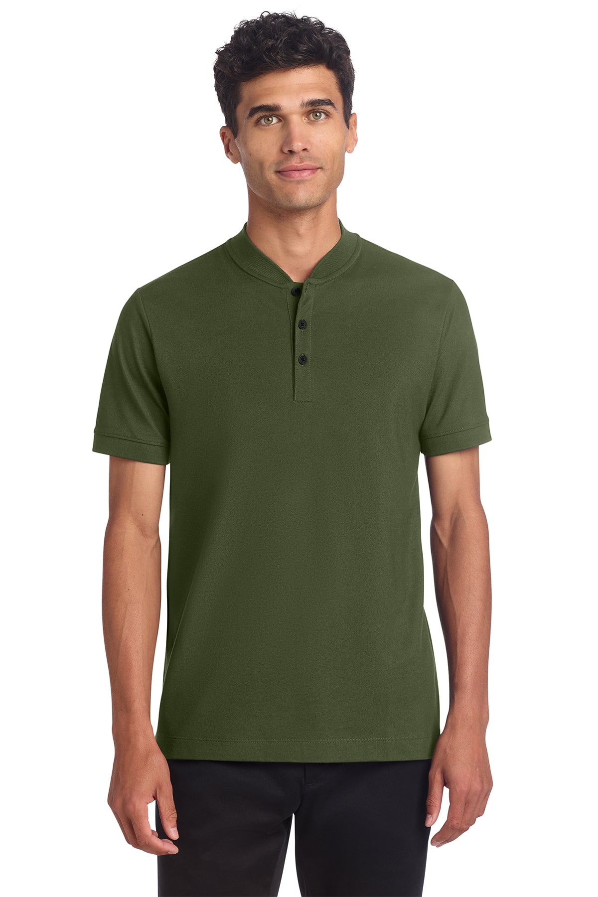 Mercer+Mettle Stretch Pique Henley in Townsend Green, front on model