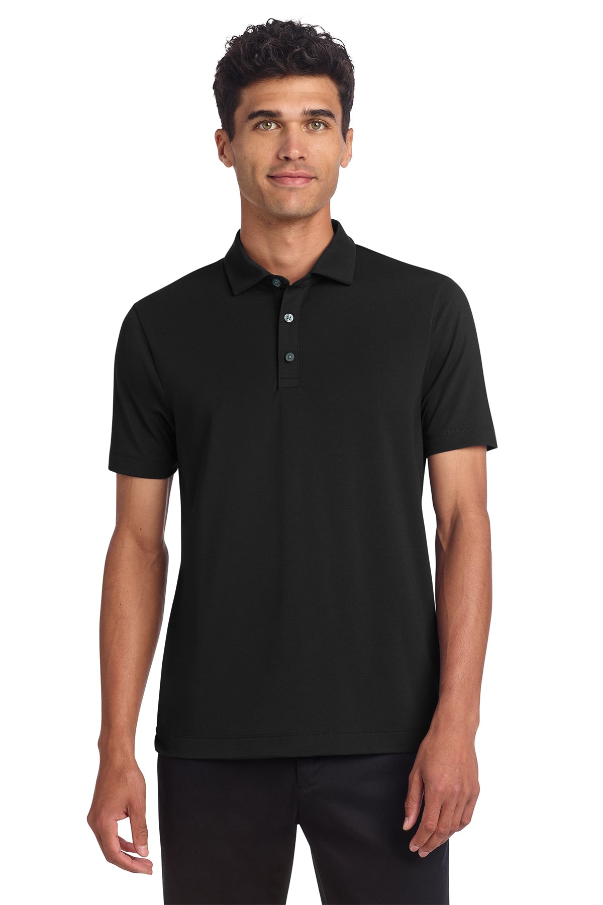 Mercer+Mettle Stretch Jersey Polo in Deep Black, front on model