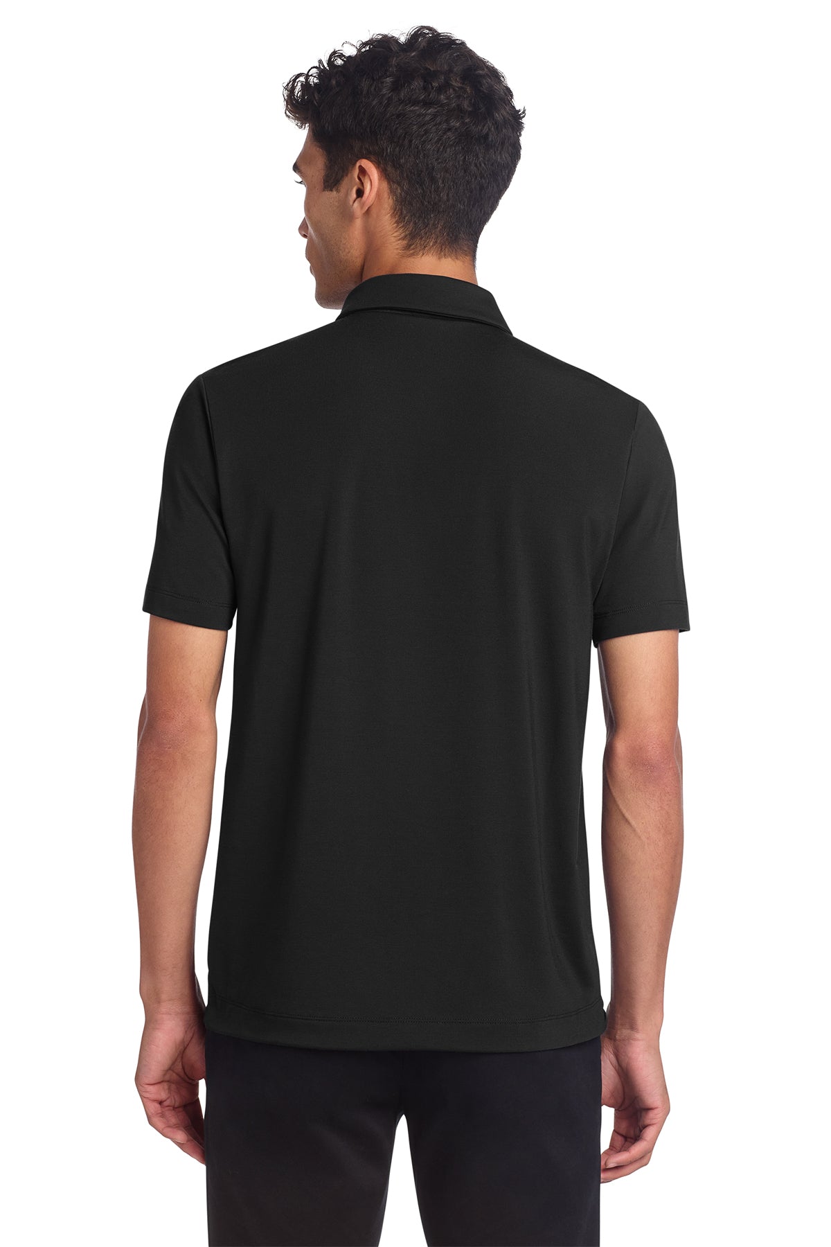 Mercer+Mettle Stretch Jersey Polo in Deep Black, back on model